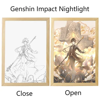 Genshin Impact Led Night Light Живопись Декор USB Штекер Zhongli Kazuha Yae Miko Ganyu Hutao Diluc Живопись Настольное Украшение Комнаты